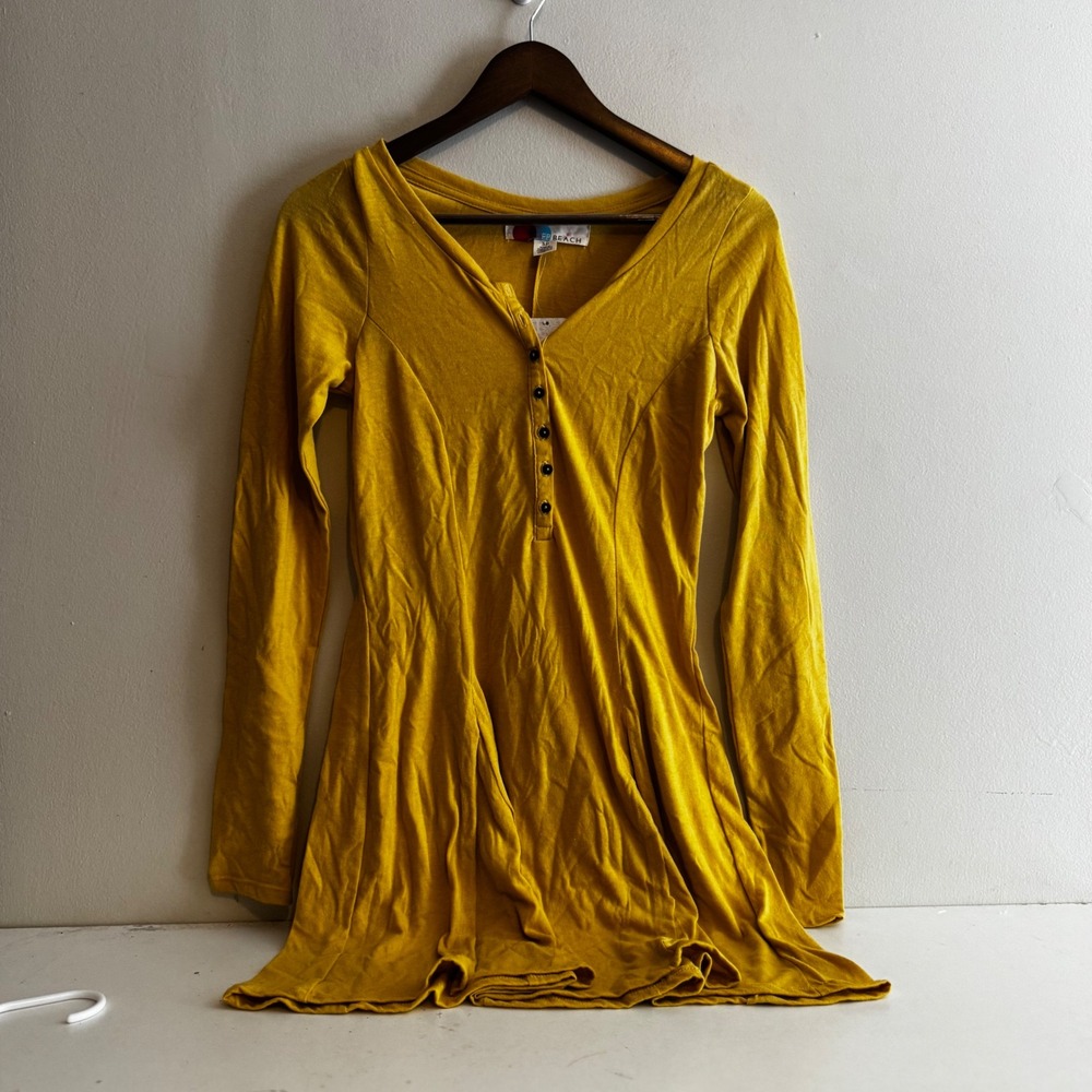 NWT Free People Beach Women's Sz Sm Yellow Henley Long Sleeve Mini Dress